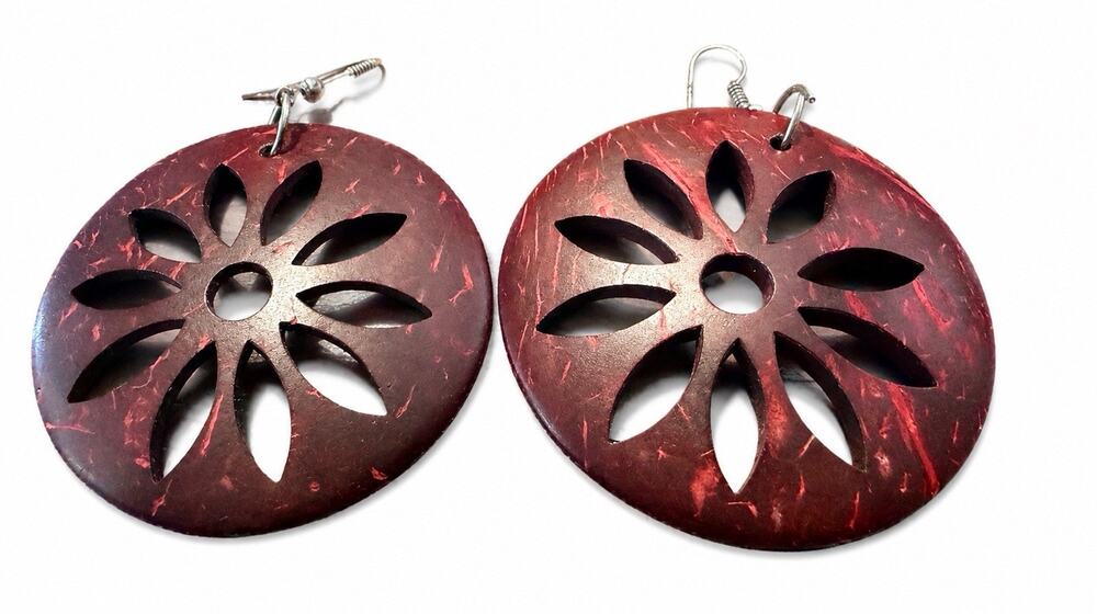 Handcrafted Bahamian Red Wooden Floral Dangle Earrings Island Artisan Jewelry